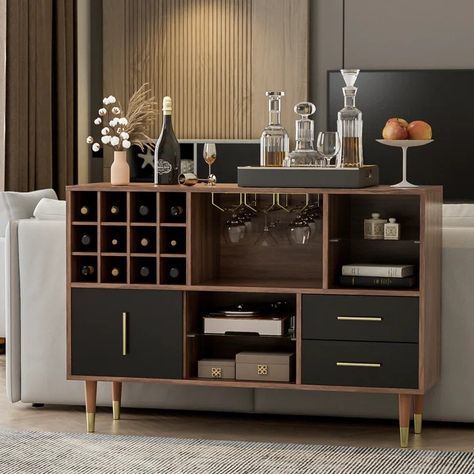 Ebern Designs Hyeng Kitchen Sideboard Buffet Cabinet with 12 Wine Bottle Rack, Stemware Holder and Drawers - Wayfair Canada Cabinet With Wine Rack, Wine Rack Glass Holder, Stemware Holder, Wine Bar Cabinet, Wine Rack Cabinet, Kitchen Buffet, Wine Shelves, Wine Bottle Rack, Kitchen Sideboard