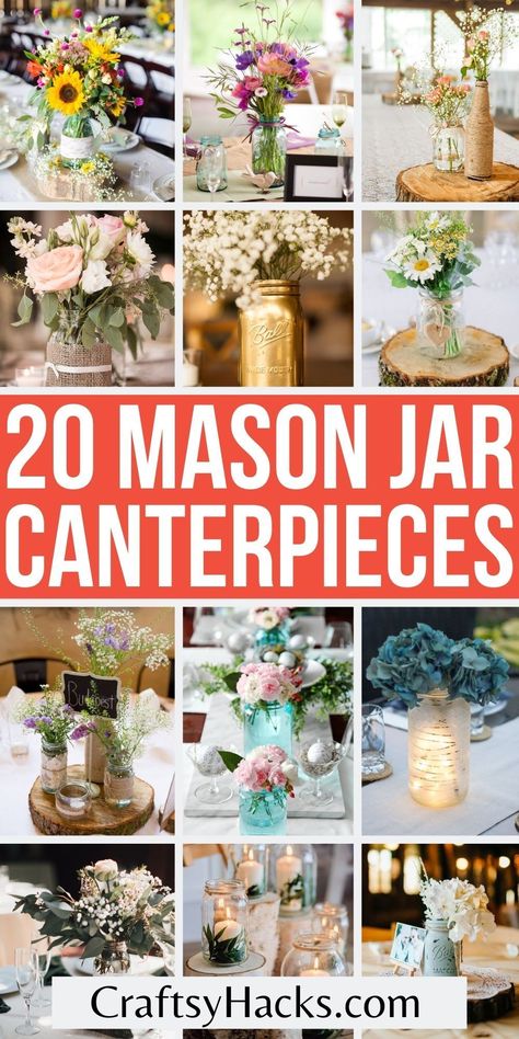 Centerpiece Sticks Diy, Wedding Table Decor Mason Jars, Simple Rustic Wedding Centerpieces Mason Jars, Wedding Decorations With Mason Jars, Easy Cheap Table Centerpieces, Wedding Centerpieces Using Mason Jars, Wedding Decor With Mason Jars, Using Mason Jars For Decorations, Diy Mason Jar Flowers