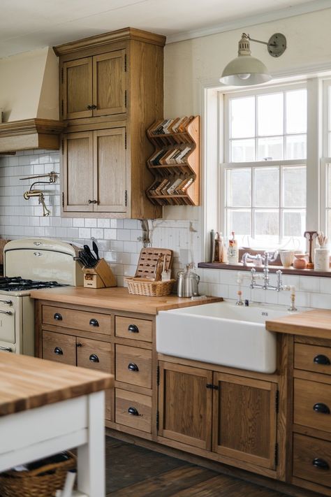 12 Farmhouse Kitchens With Oak Wood Cabinets! – My Kitchen Inspo Kitchen Cabinets Bottom Only, Dark Cabinets Painted Island, Modern Kitchen With Stained Cabinets, All Natural Wood Kitchen Cabinets, Light Oak Floors Kitchen Dark Cabinets, House Interior Kitchen Design, Mission Kitchen Cabinets, Wood Cabinets And Wood Countertops, White Trim With Wood Cabinets