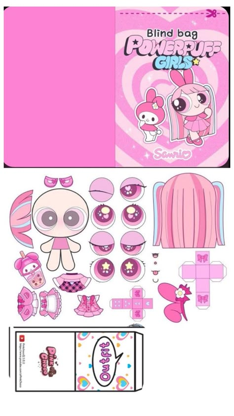 Paper Blind Bag Ideas Diy Template, Paper Doll Blind Bag, Blind Bags Sanrio, Doll Paper Craft Free Printable, My Melody Paper Craft, My Melody Paper Doll, Blind Bag Ideas Paper Diy Printable, Paper Blind Bag Ideas, Paper Doll Room