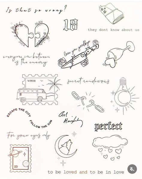 Tiny One Direction Tattoos, One Direction Flash Tattoo, One Direction Tiny Tattoos, Tattoo Idea Quote, Love On Tour Tattoo Ideas, Spaces One Direction Tattoo, Different Not Less Tattoo, Taylor Swift Flash Sheet, Taylor Swift Tattoo Flash Sheet