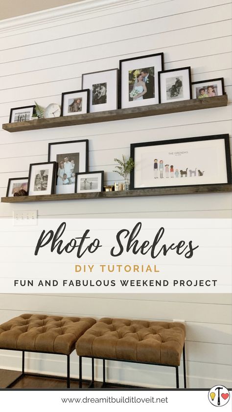 Mudroom Drop Zone, Photo Shelves, Accent Wall Diy, Photo Shelf, Diy Project Ideas, Living Room Built Ins, Shiplap Accent Wall, Picture Shelves, Wall Diy