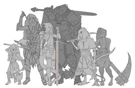 [OC] [Art] Finished the ink work on all the characters in my D&D group! Colors to come soon! Fantasy Group Pose Reference, Character Group Art, Group Of Characters Art, D&d Group Art, Oc Group Poses, Dnd Group Pose Reference, Character Group Poses, Group Art Reference, Dnd Group Art