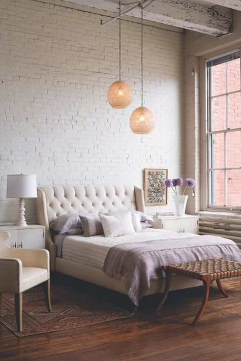 31 Idea To Decorate A Brick Wall Behind Your Bed | Shelterness Brick Walls, White Brick, Safe Haven, Farmhouse Bedroom, Settee, Beautiful Bedrooms, Home Fashion, My New Room, Home Staging