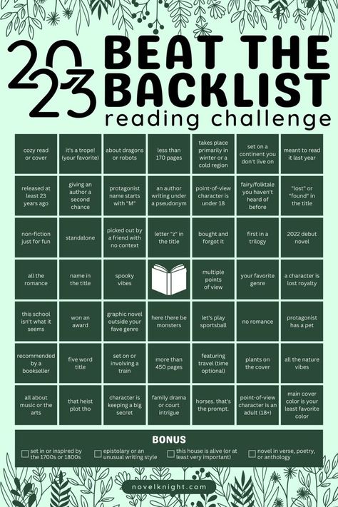 Beat the Backlist reading challenge for 2023 - Augustine Decker Reading Challenge For 2023, Reading Bingo, Book Hangover, Book Reading Journal, Reading Tracker, Book Challenge, At Your Own Pace, Your Own Pace, Top Books To Read