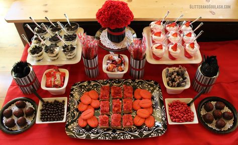 Black & Red Dessert/Snack Table Ideas - Glitter and Goulash Red Tent Party, Snack Table Ideas, Moon Party Ideas, Red Party Themes, Red Foods, Red Snacks, Period Party, Black Dessert, Red Desserts