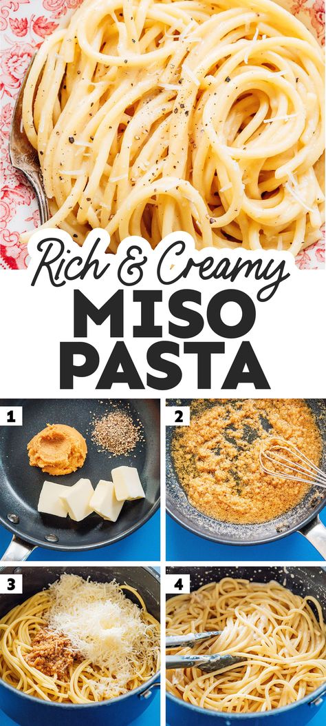 This miso pasta recipe is a simple and delicious weeknight dinner that only takes 5 ingredients and a few minutes to throw together. It's an easy dinner idea that's perfect for pasta night. Vegetarian Asian Recipes, Miso Pasta, Miso Recipes, Vegetarian Asian, Miso Recipe, Miso Butter, Vegetarian Recipes Lunch, Vegetarian Italian, Butter Pasta