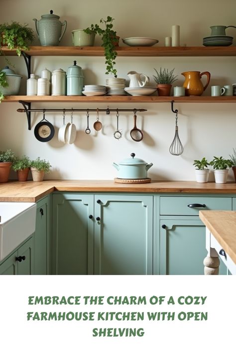 Discover the beauty and functionality of a cottage-style farmhouse kitchen featuring open shelving. This aesthetic combines rustic elements with modern simplicity, creating an inviting space perfect for cooking and gathering. Explore decor ideas, color schemes, and organizational tips to make your kitchen feel warm and lived-in, while highlighting your favorite dishware and decor on open shelves! Rustic Kitchen Shelving Ideas, Kitchen Ideas Open Shelves, Farmhouse Kitchen With Open Shelving, Small Rustic Kitchen Ideas, Small Kitchen Open Shelving, Open Kitchen Shelving Ideas, Open Kitchen Shelves Decor, Open Shelves In Kitchen, Kitchen With Open Shelves