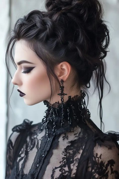 Woman with elaborate gothic makeup and hairstyle in black lace outfit. Witches Hairstyles Halloween, Vampire Hair Updo, Gothic Vampire Hairstyles, Masquerade Mask Hairstyles, Vampiric Hairstyles, Long Black Hair Styles Ideas, Victorian Goth Hair, Witch Hairstyles Long, Vampire Updo Hairstyles