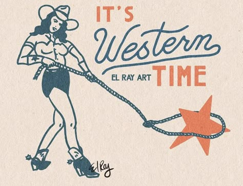 Vintage Cowgirl Drawing, Old Western Design, Southern Graphic Design, Lasso Illustration, Hipster Cowboy, Matchbox Illustration, Rope Letters, Emily Cook, Pony Cart