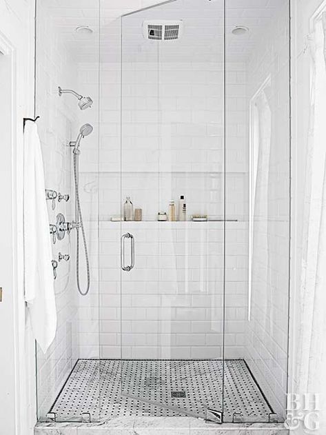 white shower Small Bathroom Upgrades, White Tiled Bathroom, Tile Walk In Shower, Restroom Remodel, Shower Design Ideas, Small Shower Remodel, Tiled Bathroom, Walk In Showers, Shower Glass