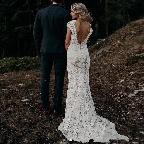 Country Style Wedding Dresses, Backless Lace Wedding Dress, Wedding Dress Cap Sleeves, Country Style Wedding, Open Back Wedding Dress, Bridal Dresses Lace, Boho Wedding Dress Lace, Back Wedding Dress, Wedding Dress Fabrics