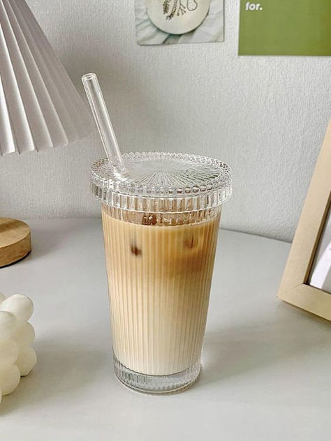 Seffora Vintage Ribbed Glass Cups With Lids and Straws - 13 Oz Vertical Stripes Beverage Glasses Set of 2 - Perfect for Water, Milk, Tea, Juice, Iced Coffee - Origami Style Glassware Coffee Glasses, Milk & Mocha, Cup With Lid And Straw, Perfect Gift For Girlfriend, Amazon Favorites, Glasses Drinking, Coffee Corner, Iced Coffee Cup, Iced Drinks