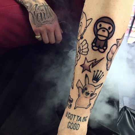 Bape Tattoos, Stussy Tattoo, Basquiat Tattoo, Star Sleeve Tattoo, Arm Tattoos Black, Leg Tats, Tattoos Forearm, Sleeve Tattoos For Guys, Prison Tattoos