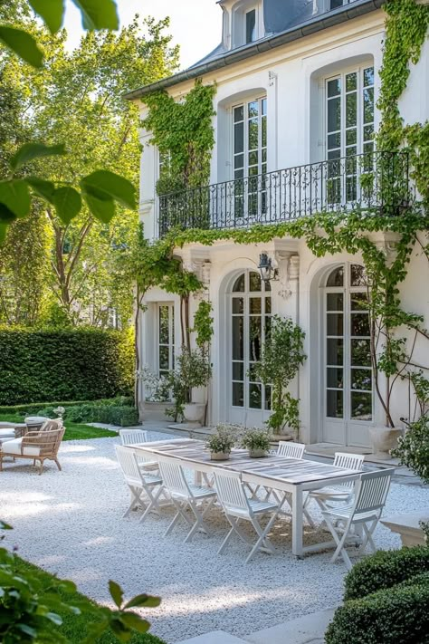 Modern french mansion courtyard facade with vine climbers fence walls with vine climbers garden with white lowers white gravel and grass white. Let’s reveal the charming features, quirky details, and luxurious elegance of French mansions. Chateau Garden French, Modern French Chateau Exterior, French Villa Exterior, Front House Extension, Mansion Courtyard, Modern French Mansion, French House Exterior, Modern French Style Home, Grass Courtyard