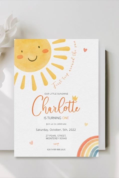 Sunshine Birthday Theme, Sunshine Birthday Invitation, Sun First Birthday, Sunshine 1st Birthday, Daisy Invitations, Sunshine First Birthday, Kids Party Inspiration, Sunshine Birthday Parties, Baby Birthday Card