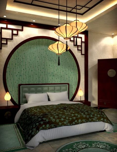 Modern Chinese Bedroom. Love the idea of the dark crown molding and the accents on the corners of the walls Modern Chinese Bedroom, Asian Inspired Bedroom, Idea Bilik Tidur, Chinese Bedroom, Modern Crown, Korean Bedroom, Interior Art Deco, Asian Room, Asian Bedroom