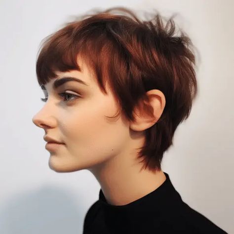 Pixie Haircut For Fine Wavy Hair, Shag With Micro Bangs, Shaggy Pixie Mullet, Shaggy Haircuts For Fine Hair, Queer Mullet, Short Shaggy Pixie Haircuts, Hidden Undercut, Shag Pixie, Above Shoulder Hair