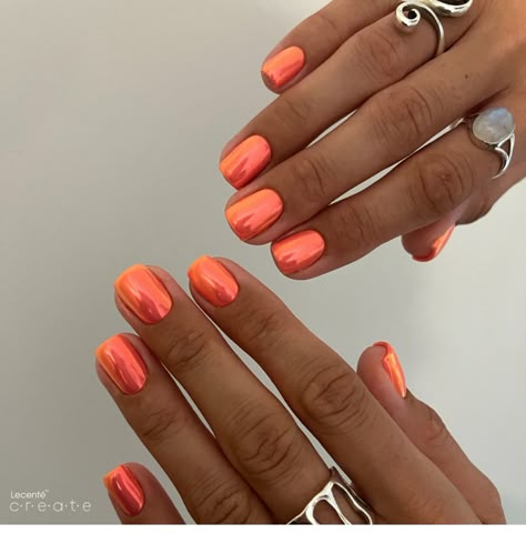 Orange Nails With Chrome, Sunset Orange Nails, Chrome Nails Orange, Chrome Orange Nails, Orange Square Nails, Gel Dip Nails, Orange Chrome Nails, Orange And Pink Nails, Spring Color Season