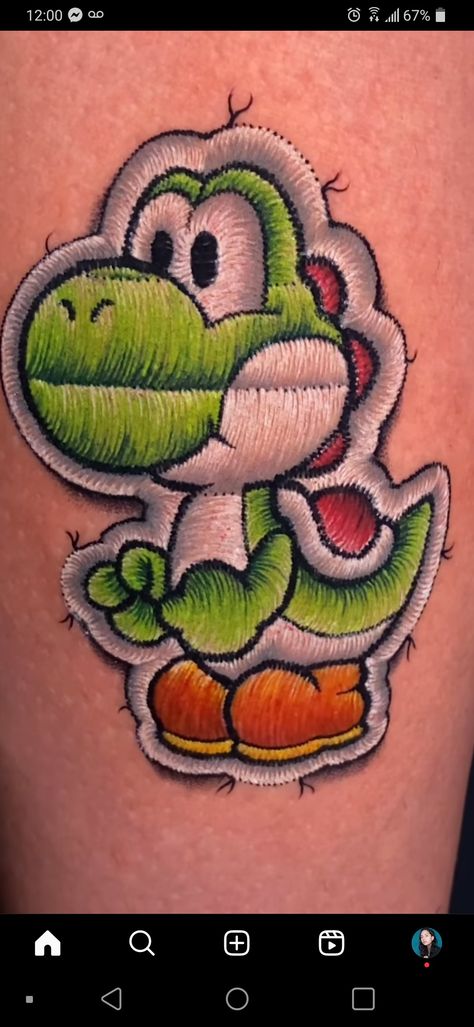 Realistic Patch Tattoo, Yoshi Tattoo Design, Patch Tattoo Design, Luigi Tattoo, Yoshi Tattoo, Embroidery Tattoo Ideas, Tattoo Design Stencil, Patch Tattoos, Lilo And Stitch Tattoo