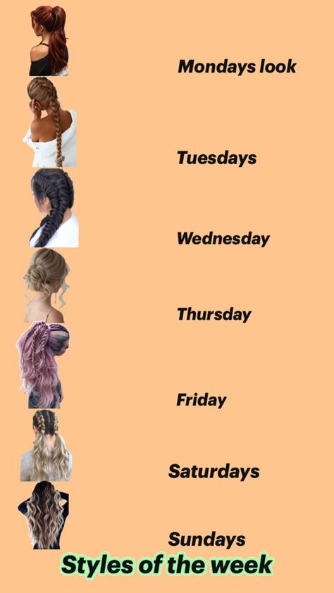 What hairstyle to do on what day A Week Of Hairstyles, Sick Day Hairstyles, Hairstyles For Everyday Of The Week, Hairstyles For Wash Day, Hair Styles For The Week, Full Week Of Hairstyles, 30 Days Of Hairstyles, Quick Easy Cute Hairstyles For School, Monday Hairstyles