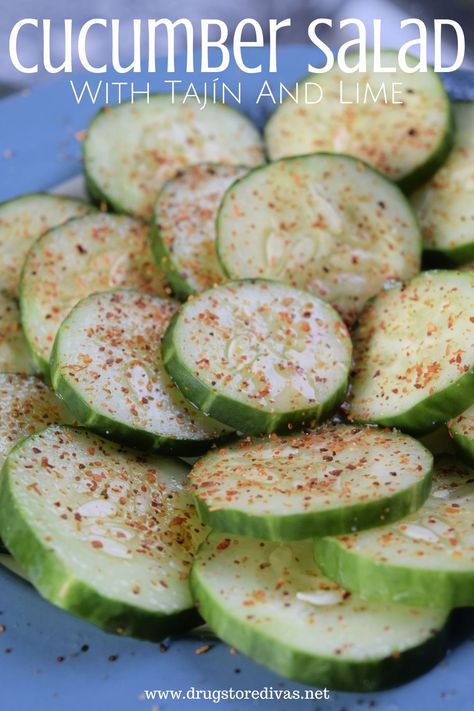 Cucumber Salad With Tajín And Lime Recipe | Drugstore Divas Lime Salad Recipes, Mexican Cucumber, Simple Cucumber Salad, Cucumber Snack, Mexican Spice Mix, Gym Snacks, Tajin Recipes, Cucumber Snacks, Mexican Spice