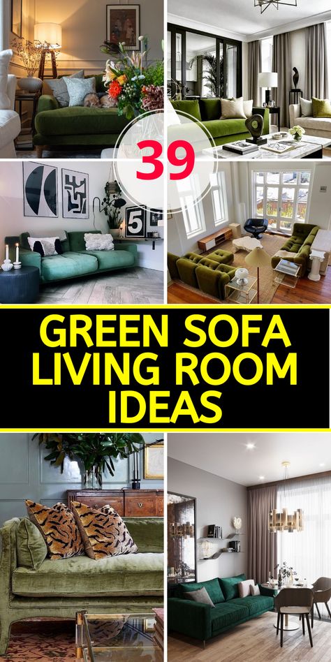 Green Sofa Magic: 39 Vibrant Living Room Ideas to Refresh Your Home Green Sofa Inspiration, Green Sofa Living Room Ideas, Green Couch Decor, Olive Green Couches, Emerald Green Couch, Sofa Colour Combinations, Green Velvet Sofa Living Room, Velvet Couch Living Room, Emerald Green Sofa