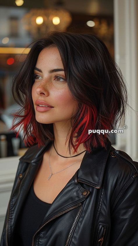 Black Hair with Red Highlights: Perfect Combo for Edgy Vibes Red Hair Color On Short Hair, Highlight For Short Black Hair, Reverse Hair Color, Short Hair With Red Tips, Dark Hair With Colorful Highlights, Color Block Hair Red, Highlight On Short Hair, Fun Fall Hair Color Ideas, Medium Length Haircut And Color