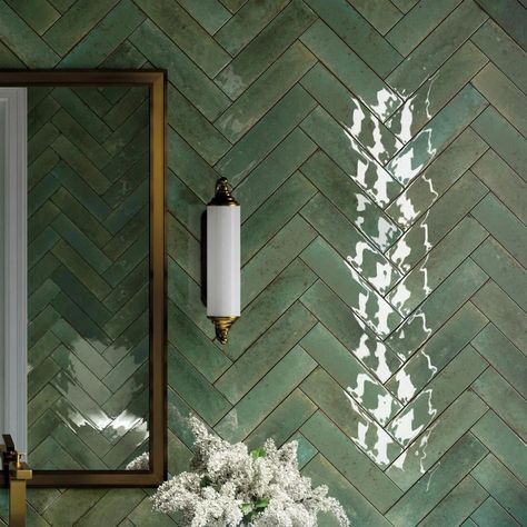 Gloss Green Bathroom Tiles, Green Moroccan Tile Bathroom, Green Cloakroom Ideas, Jade Tile Bathroom, Emerald Green Tile Bathroom, Green Shower Tile Bathroom, Teal Tile Bathroom, Jade Green Bathroom, Green Herringbone Tile Bathroom