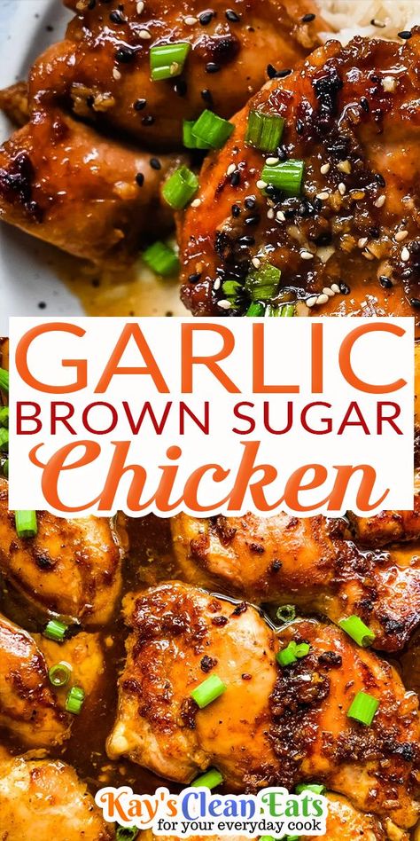 A new favorite in the Carrera household and I am positive this Garlic Brown Sugar Chicken will be a favorite in your house too! Made with simple ingredients and very minimal active cooking. This chicken is best served with some rice and tons of sauce. There is nothing I love more than a hot meal on a cold day. The fall season is finally starting to creep in and the weather is cooling off. Now I do love all the freshness of summer mills and BBQ’s but .. | @kayscleaneats Fall Chicken Recipes, Chicken Recipe Easy, Garlic Brown Sugar Chicken, I Am Positive, Chicken Dinner Recipe, Brown Sugar Chicken, Brown Sugar Recipes, Chicken And Brown Rice, Garlic Chicken Recipes