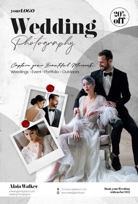 Download this amazing Free PSD Template! For personal and commercial use! Wedding Advertising Design, Photography Template Design, Wedding Flyers Design Ideas, Free Photography Templates, Photographer Flyers, Wedding Photography Templates, Wedding Poster Design, Wedding Banner Design, Wedding Advertisement