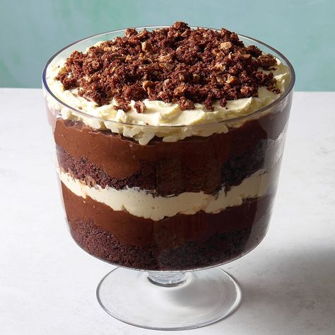 This rich chocolate trifle, featuring layers of chocolate cake, pudding and crunchy Heath bar pieces, is the definition of an indulgent dessert, but it's not at all complicated to make. Triple Chocolate Trifle, Chocolate Cake Trifle Desserts, Heath Bar Trifle Recipe, Chocolate Cake Trifle, Christmas Trifles, Chocolate Cake Pudding, Chocolate Trifle Desserts, Lemon Blueberry Trifle, Best Potluck Recipes