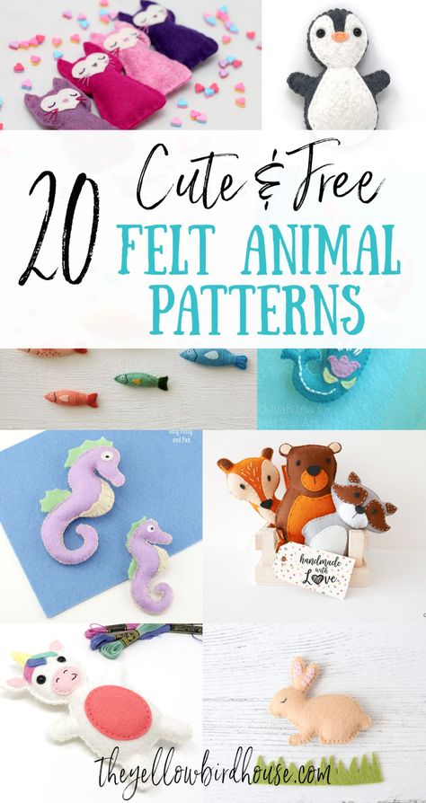 20 Super Cute Free Felt Animal Patterns - The Yellow Birdhouse Miniature Animals How To Make, Felt Bears Pattern, Things To Make With Felt Sewing Patterns, Felt Woodland Animals Pattern, Free Patterns For Felt Ornaments, Diy Felt Ocean Animals, Stuffed Toy Patterns Free, Felt Plushies Diy Free Pattern, Felt Alligator Pattern