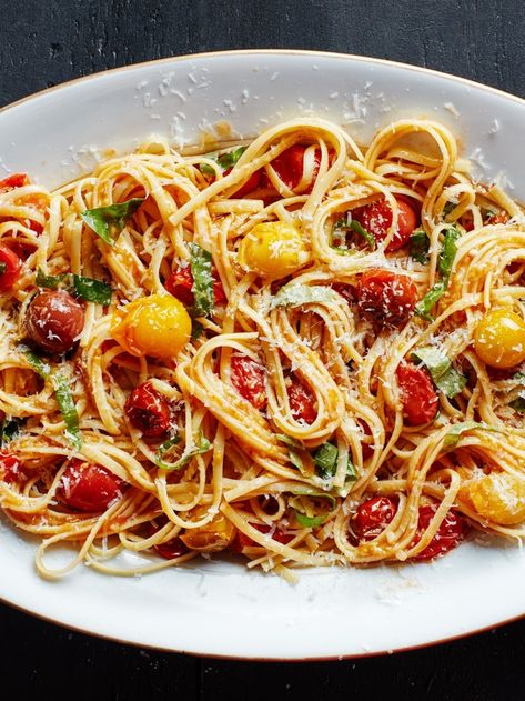 15-Minute Cherry Tomato Pasta Recipe | Epicurious Tomato Burst Pasta, Burst Tomatoes Pasta, Cherry Tomato Olive Oil Pasta, Burst Tomato Pasta, Burst Cherry Tomato Sauce, Burst Tomato, Burst Tomatoes, Tomato Pasta Recipe, Resep Pasta