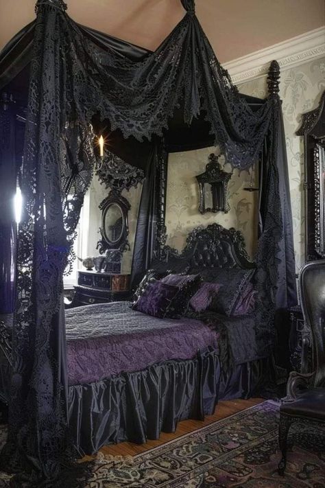 Fairy Goth Room, Sims Vampire, Goth Bedroom Ideas, Whimsy Goth Bedroom, Gothic Bedroom Ideas, Victorian Flat, Gothic Decor Bedroom, Goth Bedroom, Gothic Room