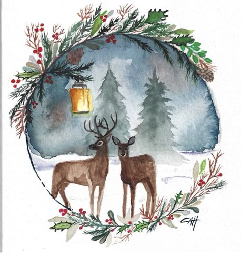 Christmas Watercolor Artwork, Watercolor Christmas Cards Artwork, Ink Watercolor Illustration, Watercolor Winter Animals, Watercolour Inspiration Christmas, Christmas Cards Painted Watercolor, Christmas Painted Cards, Diy Christmas Cards Handmade Watercolor, Christmas Watercolor Paintings Cards