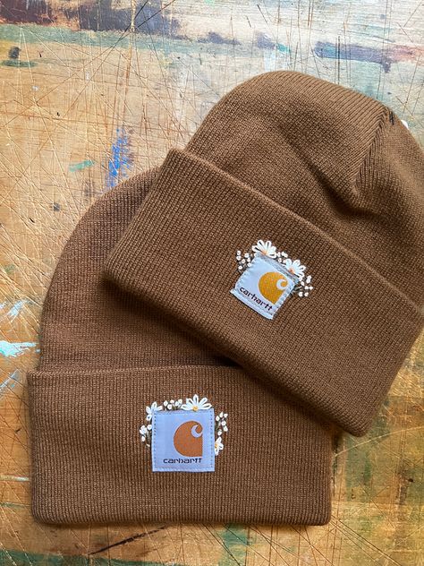 Embroidered Items That Sell, Cathartic Hat Embroidered, Hand Embroidery Beanies, Embroidered Carhartt Beanie Flowers, Embroider Beanie Diy, Bandana Embroidery Ideas, Carhartt Beanie Embroidery Diy, Diy Embroidered Beanie, Carhartt Embroidery Diy