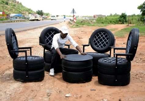 Former Mine Worker Artistically Recycles Old Tires into Furniture Tire Upcycle, Tyre Garden Ideas, Tyre Furniture, Mine Worker, Tyre Garden, Tire Diy, Recycled Chair, Kursi Ban, Tire Chair