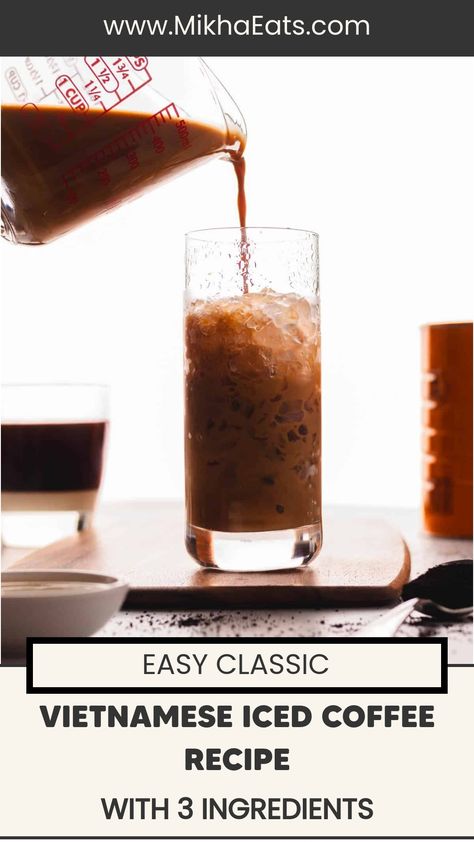 Pouring iced coffee into a tall glass with a recipe title and website URL. Asian Lunch Ideas, Vietnamese Coffee Recipe, Coffee With Condensed Milk, Iced Black Coffee, Vietnamese Iced Coffee Recipe, Asian Lunch, Asian Fusion Recipes, Vietnamese Iced Coffee, Iced Coffee At Home