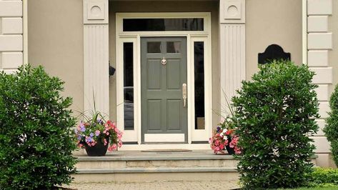 House With Colored Front Door, Beige House Front Door Color, Sage Green Front Door, Sage Green Door, Colored Front Door, Best Front Door Paint Colors, Best Front Door Paint, Green Front Door, Best Front Door Colors