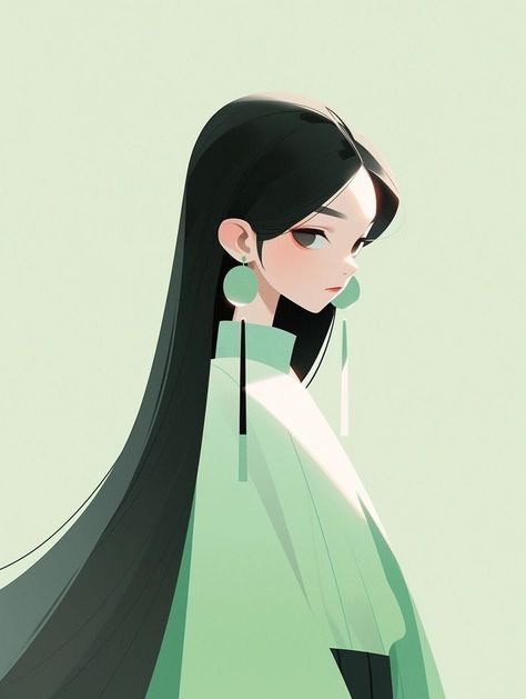 Illustration Portrait, Digital Illustration, Black Hair, Illustrations, Green, Anime, Hair, White, Black