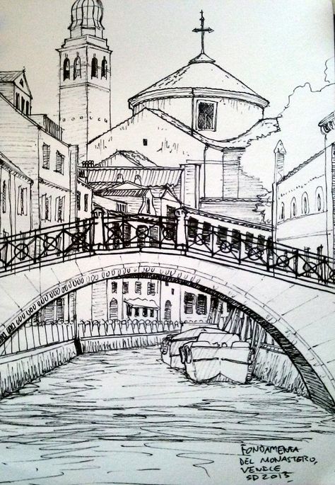 "Fondamenta del Monastero, Venice" by Seth Davenport Easy Pencil Drawings, City Drawing, Perspective Art, Architecture Drawing Art, Travel Sketches, Urban Sketchers, Arte Sketchbook, Landscape Drawings, Pencil Art Drawings