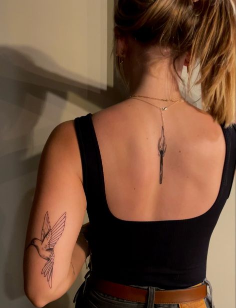 Bird Placement Tattoo, Back Of Arm Hummingbird Tattoo, Hummingbird Tattoo Above Elbow, Back Tattoo Hummingbird, Hummingbird Matching Tattoo, Tattoo Placements On Arm, Upper Back Arm Tattoo Women, Hummingbird Tattoo On Arm, Hummingbird Arm Tattoo