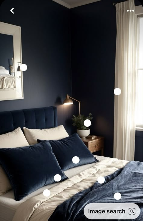 Blue Cozy Bedroom, Modern Dark Bedroom, Vogue Decor, Silver Nightstand, Dark Bedroom Aesthetic, Dark Blue Rooms, Navy Bedrooms, Dark Blue Bedrooms, Blue Headboard