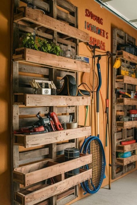 15 DIY Garage Shelves [For Every Item] – craftydiyers.com Diy Wood Garage Shelves, Shelving For Garage Organizing Ideas, Pallet Garage Shelves, Garage Tool Organization Diy, Diy Tool Storage Organizing Ideas, Tool Shed Organization, Shed Upgrade, Wooden Garage Shelves, Workshop Organization Ideas