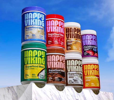 Venus Williams' Happy Viking Mixes Buoyant Style and Color Into Protein Shakes | Dieline - Design, Branding & Packaging Inspiration Buoyant Style, White Wolf Photography, Protein Shake Brands, Organic Food Packaging, Protein Bottle, Packaging Layout, Wolf Photography, Nutrition Branding, Smart Box