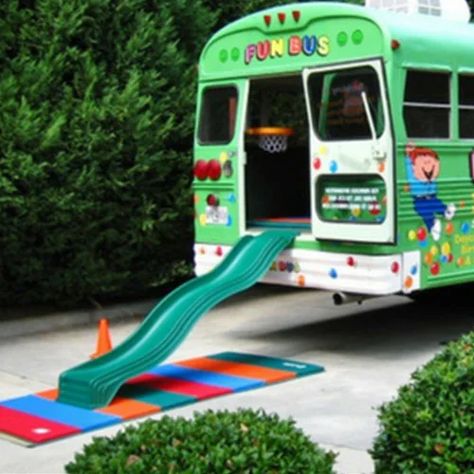 Mobile Therapy Van, Mobile Birthday Party Business, Diy Party Bus, Skoolie Exterior, School Bus Classroom, Kids Party Bus, Birthday Party Bus, Mobile Bookstore, Bus Restaurant