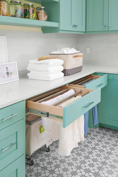 8 Laundry Room Drying Rack Ideas to Make Life Easier Drying Rack Drawer Laundry, Lay Flat To Dry Rack, Drying Drawers Laundry Room, Drying Cabinet Laundry, Drying Racks Laundry Room, Laundry Room Hidden Drying Rack, Slide Out Drying Rack Laundry, Built In Drying Rack Laundry, Laundry Room Drying Rack Ideas