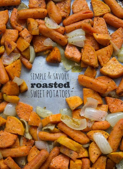 Savory and Simple Roasted Sweet Potatoes and Carrots Roasted Sweet Potatoes And Carrots, Sweet Potatoes And Carrots, Easy Veggie Side Dish, Potatoes And Carrots, Veggie Side Dishes, Thanksgiving Side Dishes, Sweet Potato Recipes, Vegetable Sides, Salsa Verde