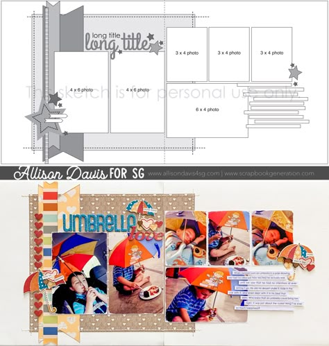 Five Photo Scrapbook Layout, Allison Davis Scrapbook Sketches, 2 Page Scrapbook Sketches, Grid Design Scrapbook Layout, Scrapbook Sketches With Measurements, Multi Page Layout Design, Two Page Scrapbook Layouts Sketches, 2 Page Scrapbooking Layouts Ideas, 6 Photo Scrapbook Layout 2 Page